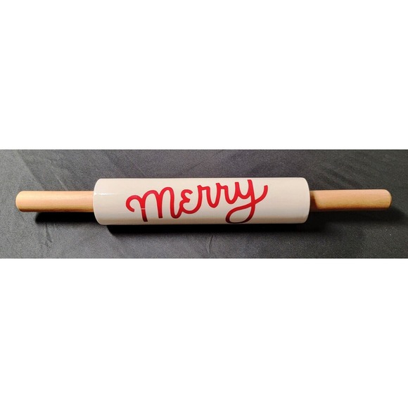 MERRY CHRISTMAS Holiday Rolling Pin Stoneware Baking Kitchen - Picture 1 of 5